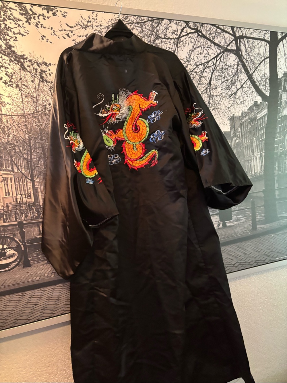 Black Satin Embroidered Dragon Kimono Robe